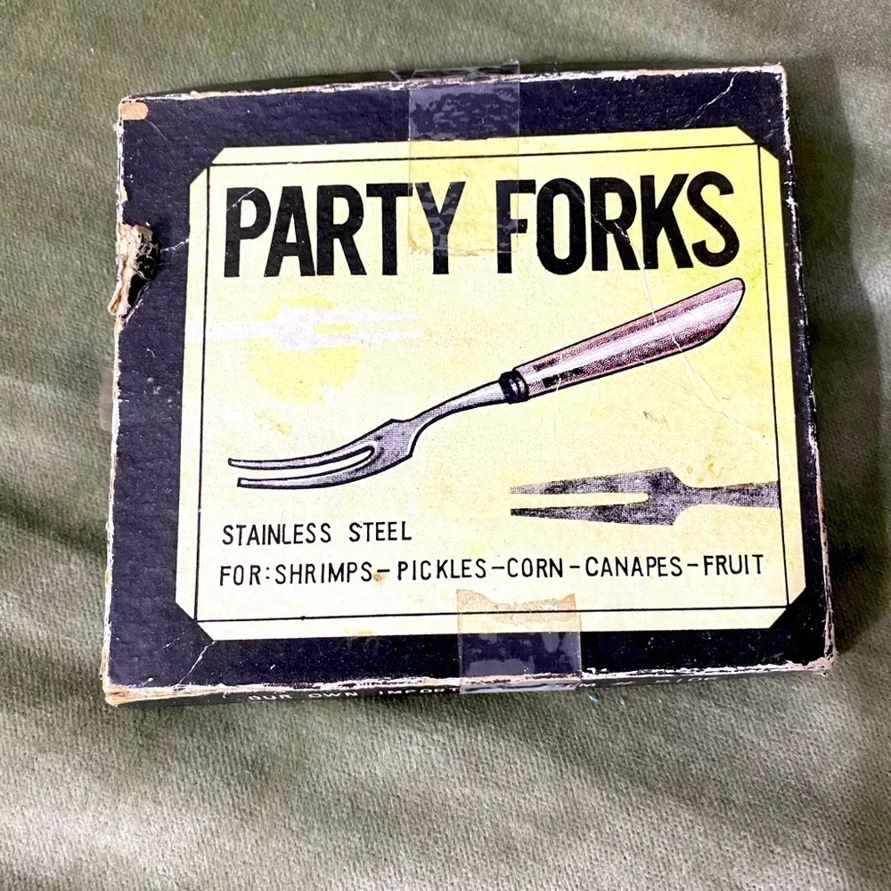 Vintage party forks stainless steel with wooden handles set of 8.  #16